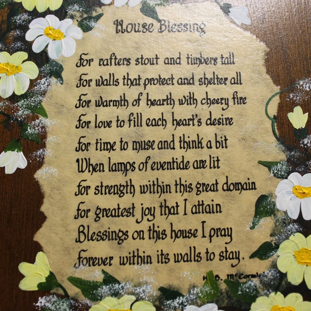 Hand Painted Wood Plaque with House Blessing Wall Decor Brown Floral Folk Art